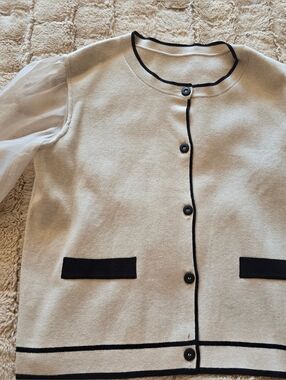 Ivory Summer Cardigan with Black Trim and Puff Sheer Sleeves, XL